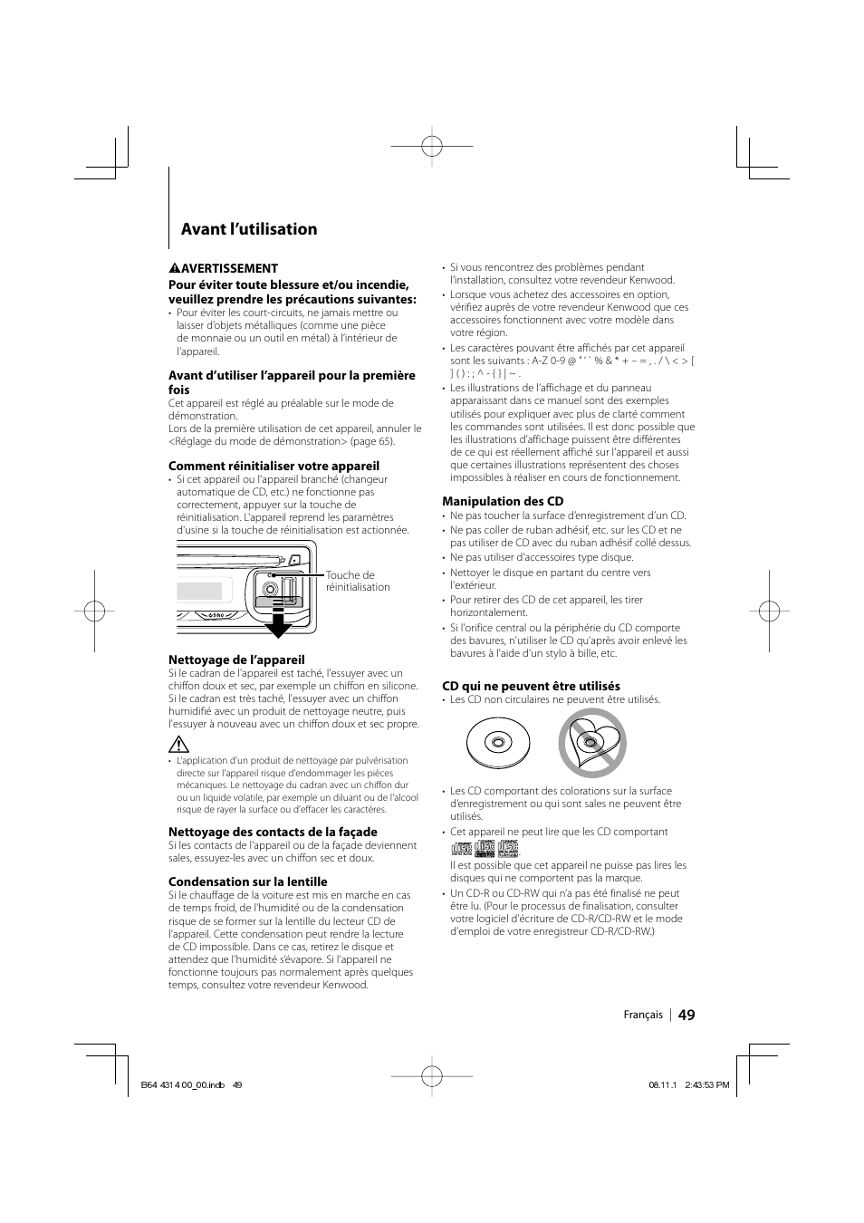 Avant l’utilisation | Kenwood KDC-BT742U User Manual | Page 49 / 140