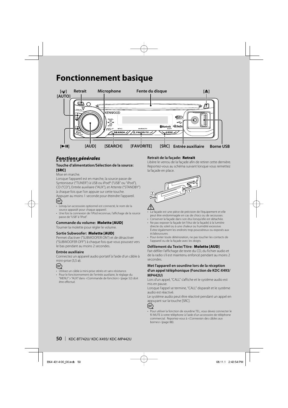 Fonctionnement basique | Kenwood KDC-BT742U User Manual | Page 50 / 140