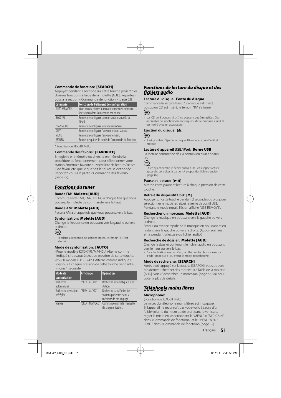 Fonctions du tuner, Téléphonie mains libres | Kenwood KDC-BT742U User Manual | Page 51 / 140