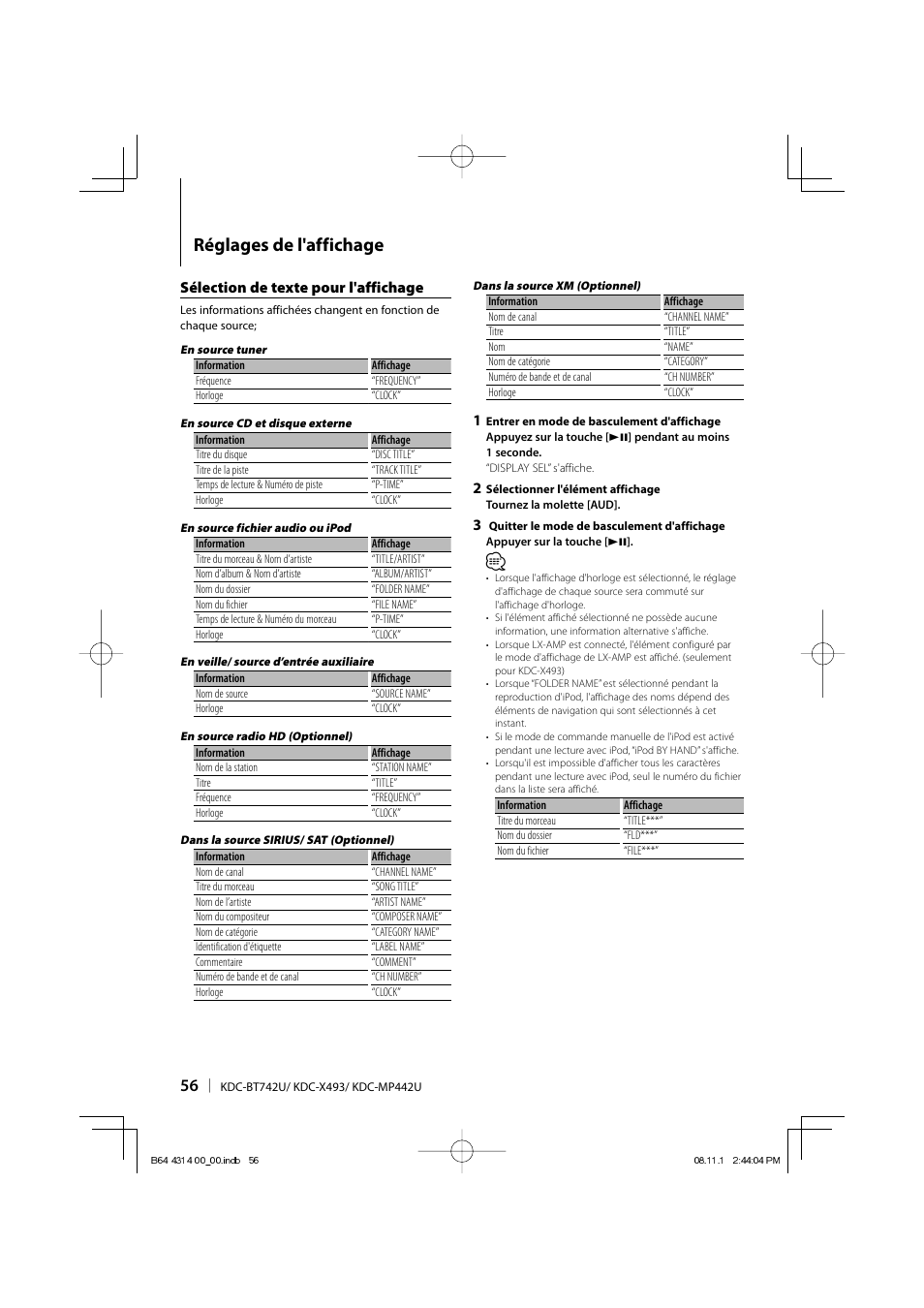 Réglages de l'affichage, Sélection de texte pour l'affichage | Kenwood KDC-BT742U User Manual | Page 56 / 140