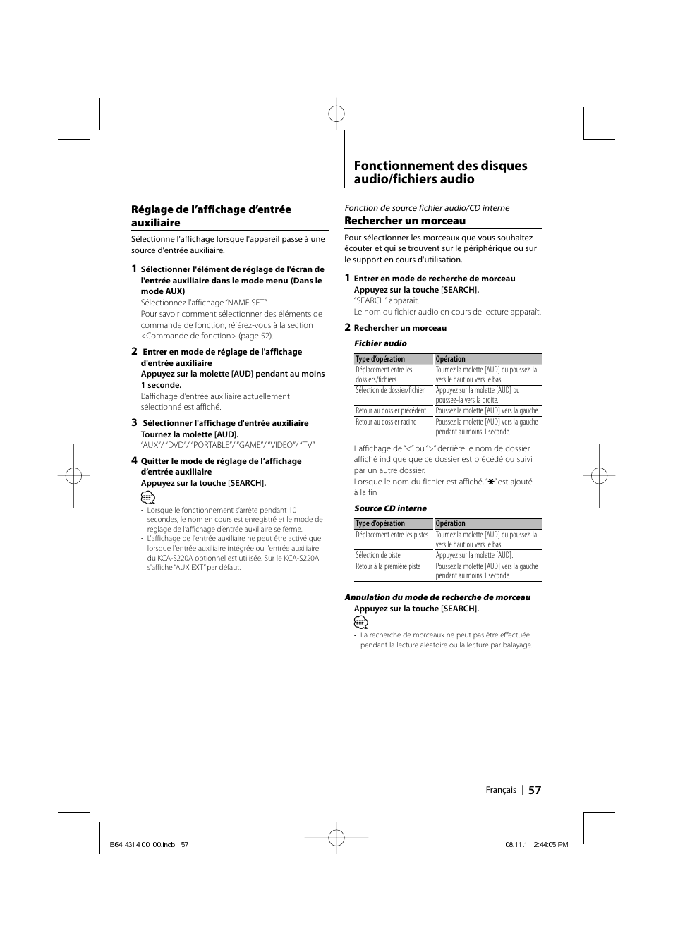 Fonctionnement des disques audio/fichiers audio | Kenwood KDC-BT742U User Manual | Page 57 / 140