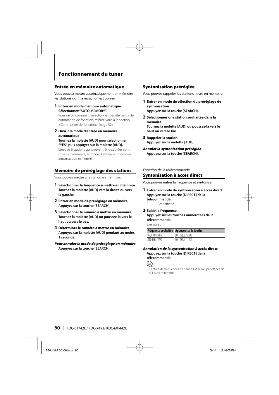 Fonctionnement du tuner | Kenwood KDC-BT742U User Manual | Page 60 / 140