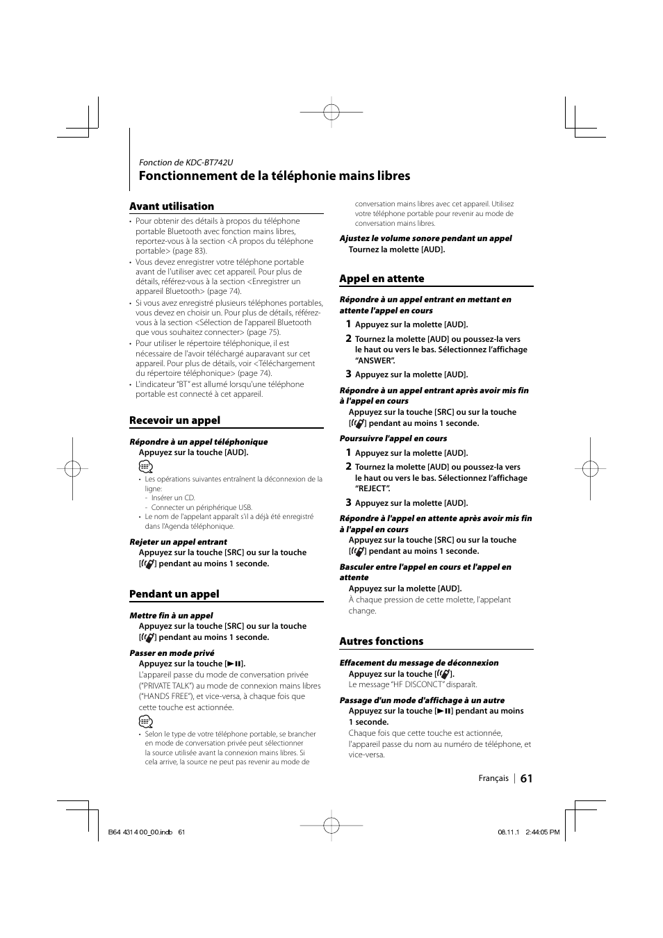 Fonctionnement de la téléphonie mains libres | Kenwood KDC-BT742U User Manual | Page 61 / 140