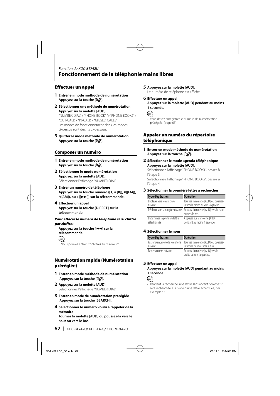 Fonctionnement de la téléphonie mains libres | Kenwood KDC-BT742U User Manual | Page 62 / 140