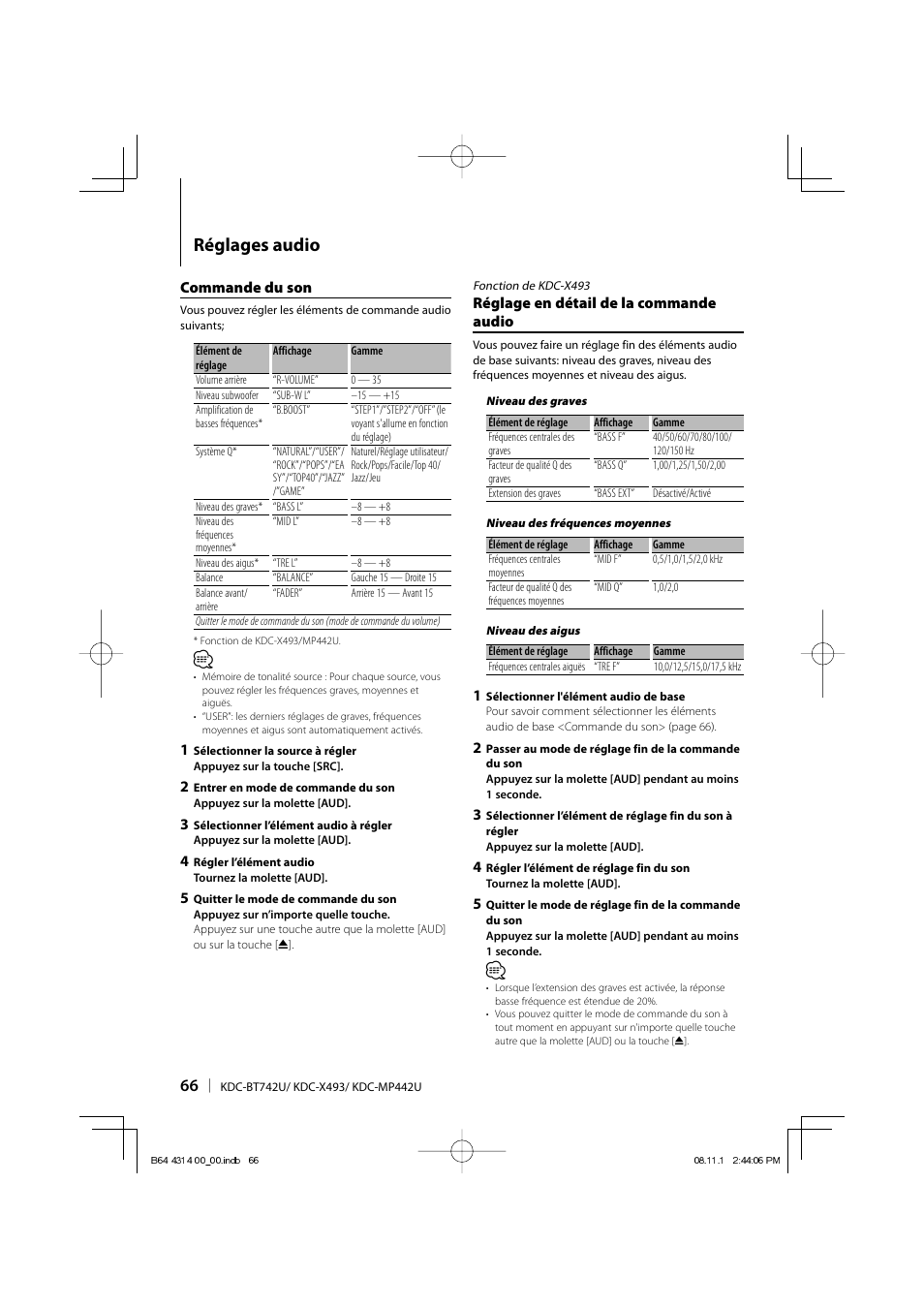 Réglages audio | Kenwood KDC-BT742U User Manual | Page 66 / 140