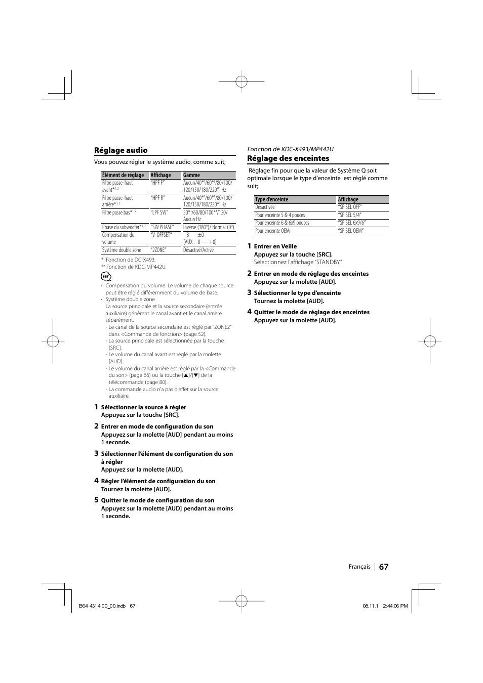 Réglage des enceintes, Réglage audio | Kenwood KDC-BT742U User Manual | Page 67 / 140