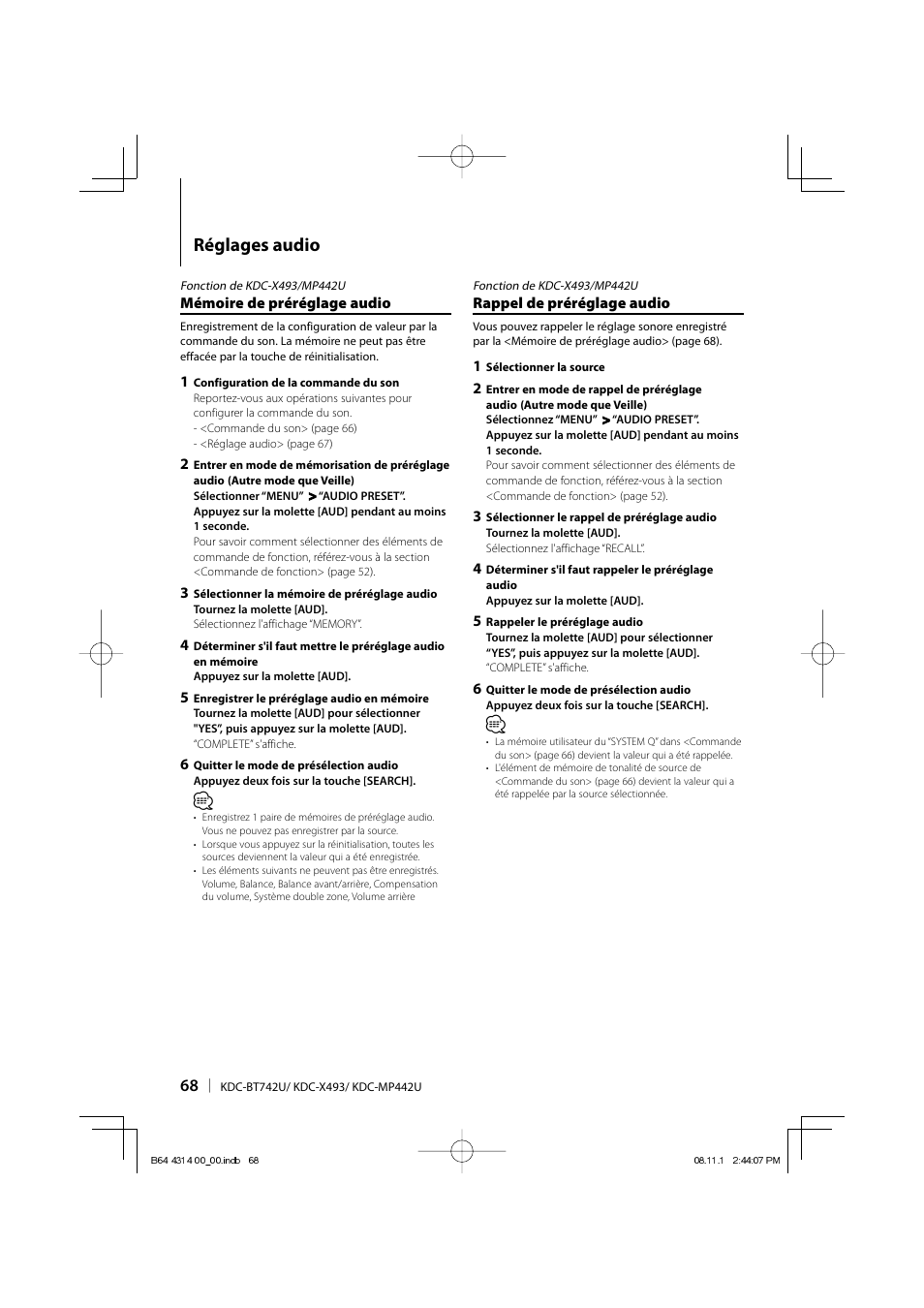 Réglages audio | Kenwood KDC-BT742U User Manual | Page 68 / 140