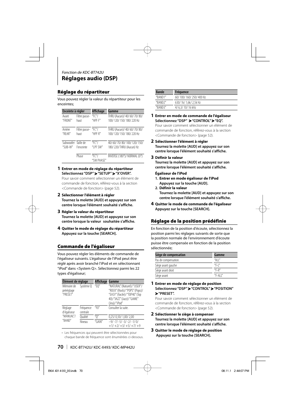 Réglages audio (dsp) | Kenwood KDC-BT742U User Manual | Page 70 / 140