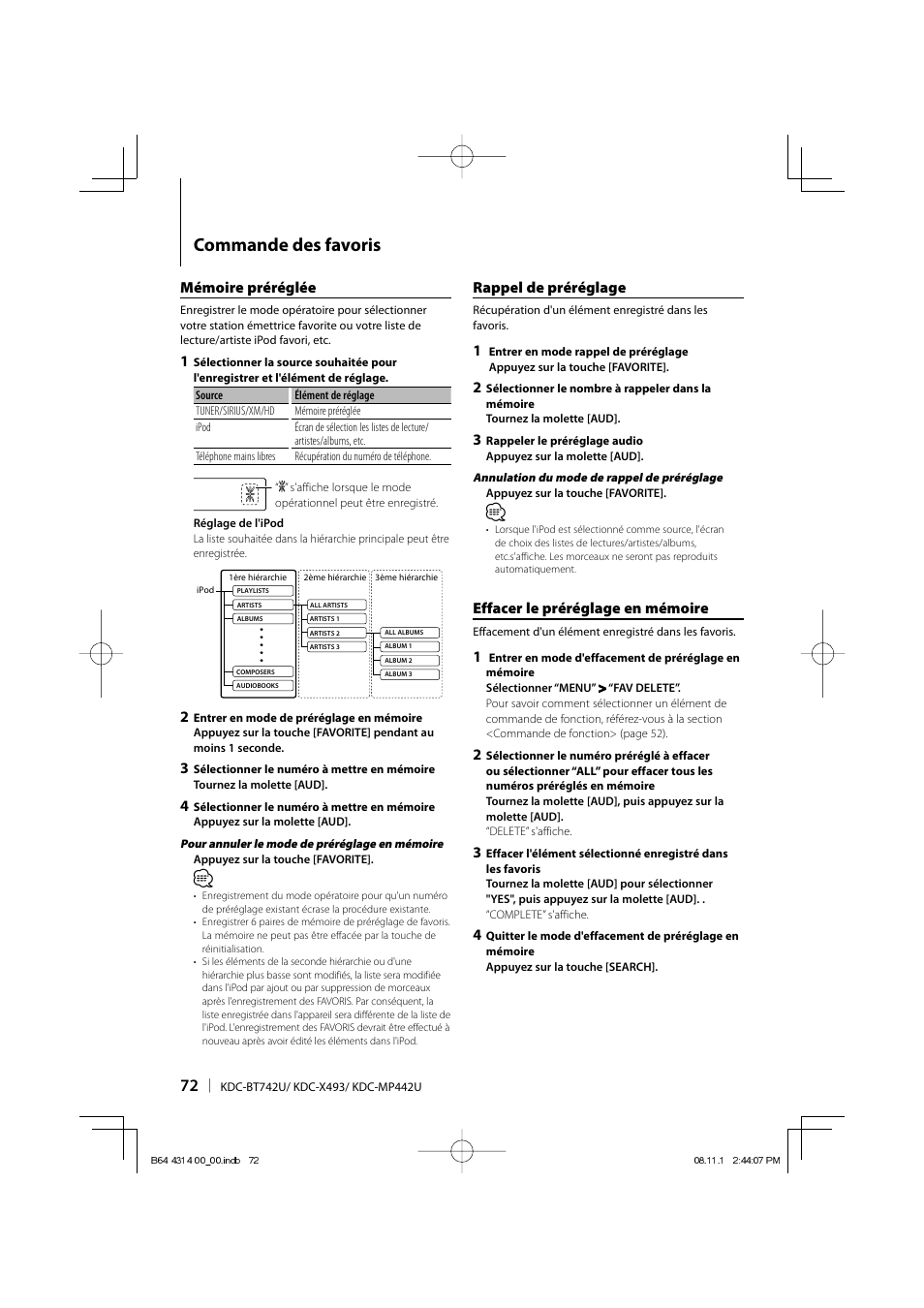 Commande des favoris, Rappel de préréglage, Mémoire préréglée | Effacer le préréglage en mémoire | Kenwood KDC-BT742U User Manual | Page 72 / 140