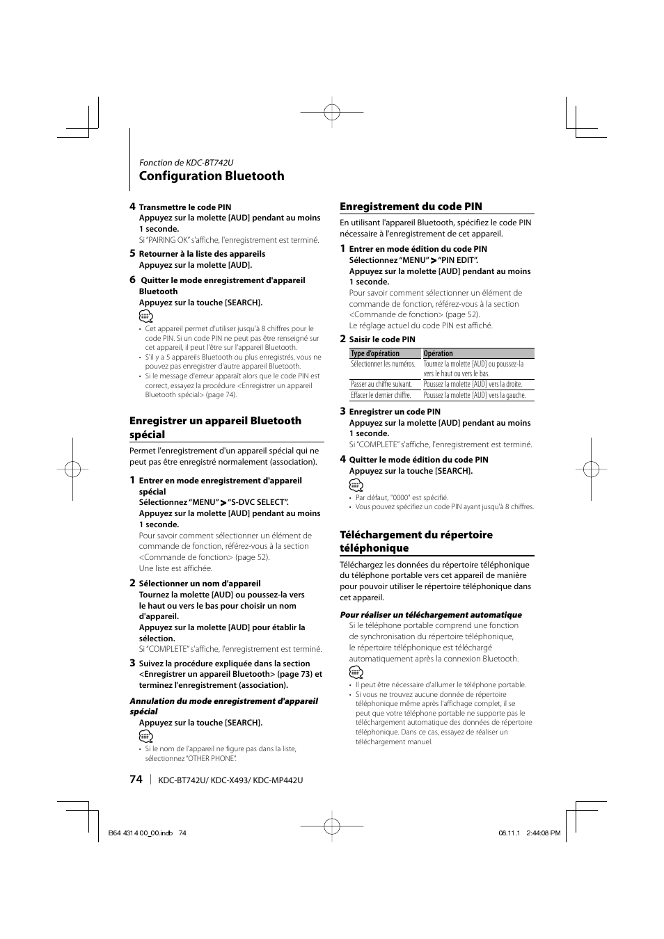 Configuration bluetooth | Kenwood KDC-BT742U User Manual | Page 74 / 140