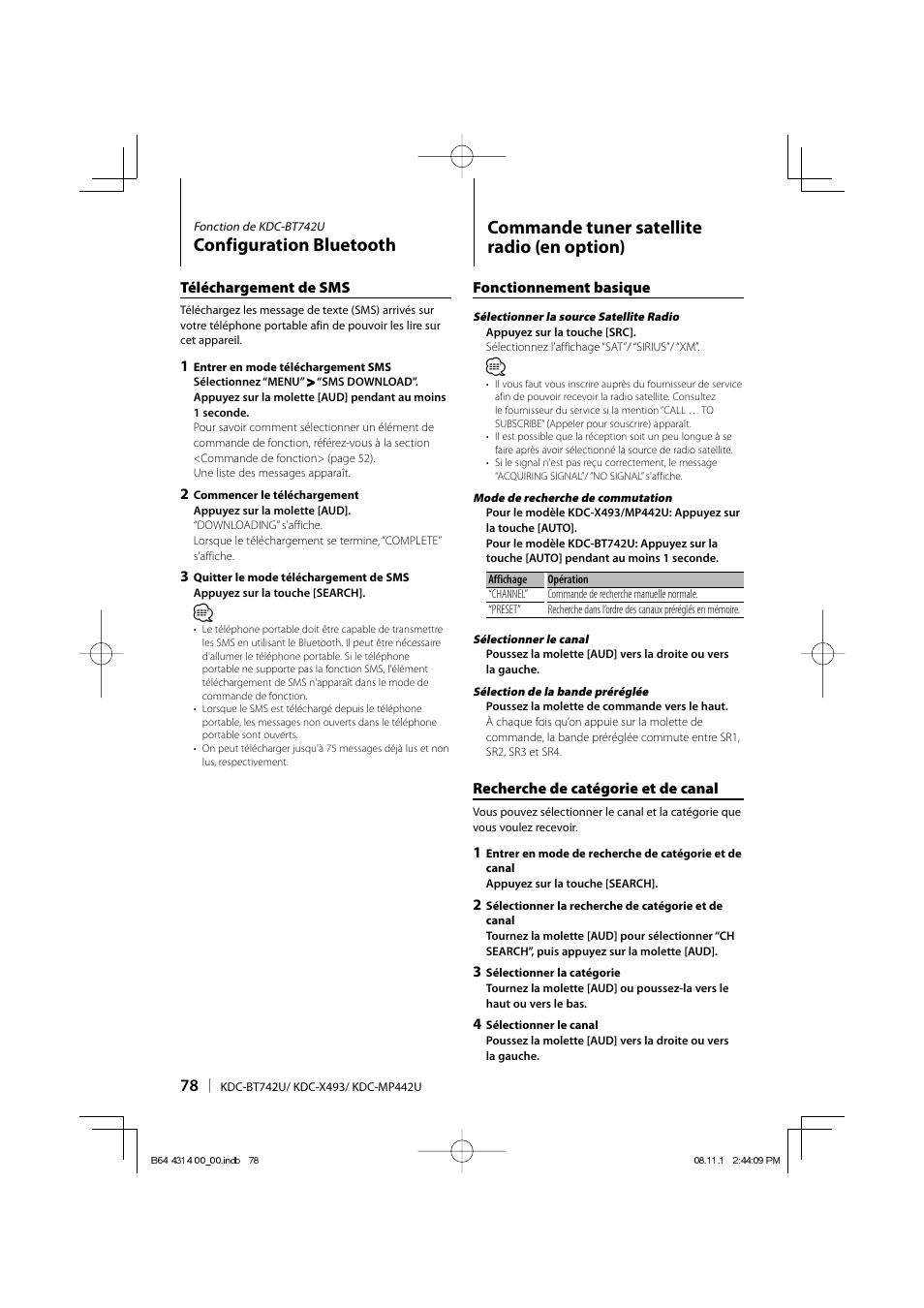 Configuration bluetooth, Commande tuner satellite radio (en option) | Kenwood KDC-BT742U User Manual | Page 78 / 140