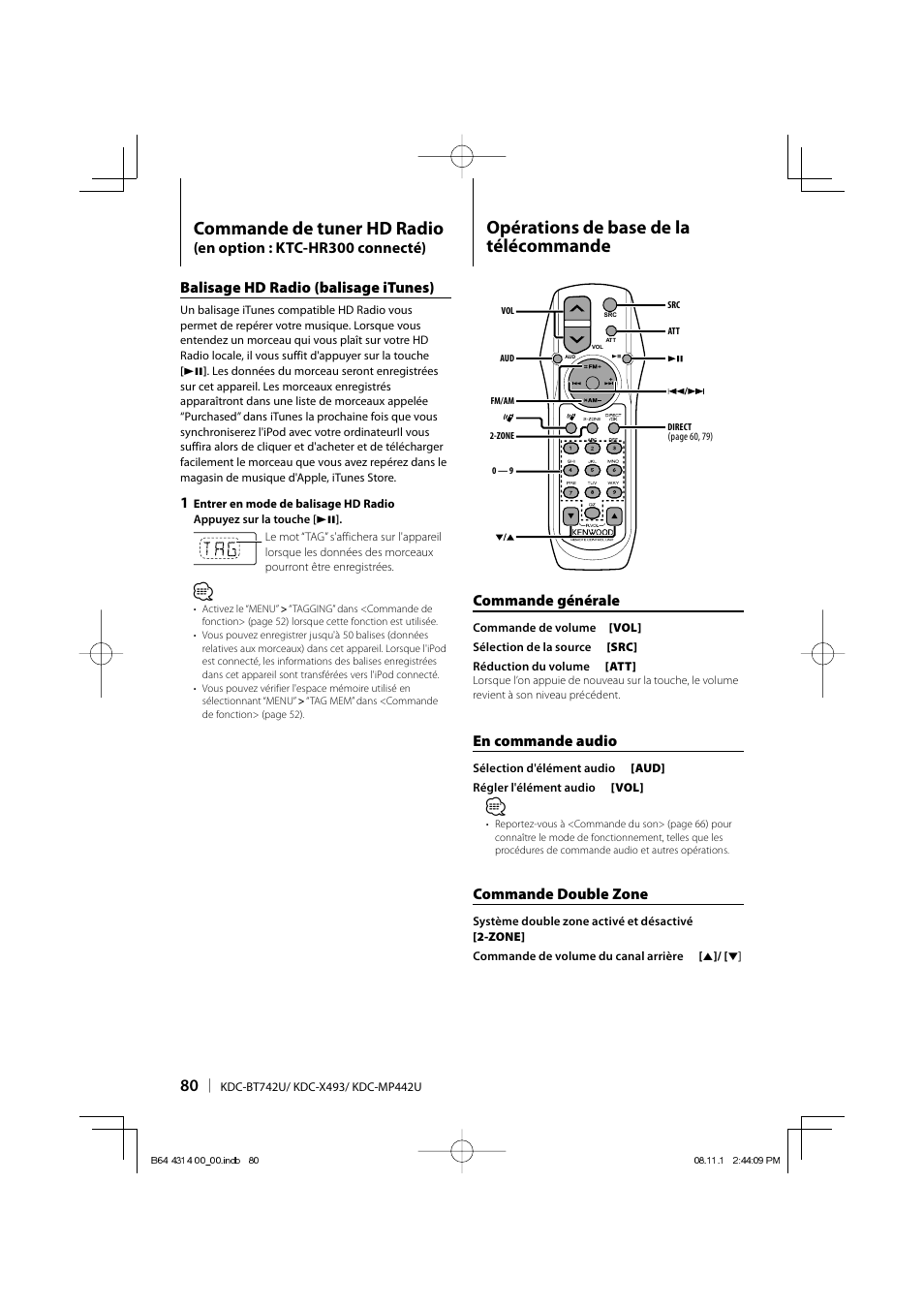 Commande de tuner hd radio, Opérations de base de la télécommande, Commande générale | En commande audio, Commande double zone | Kenwood KDC-BT742U User Manual | Page 80 / 140