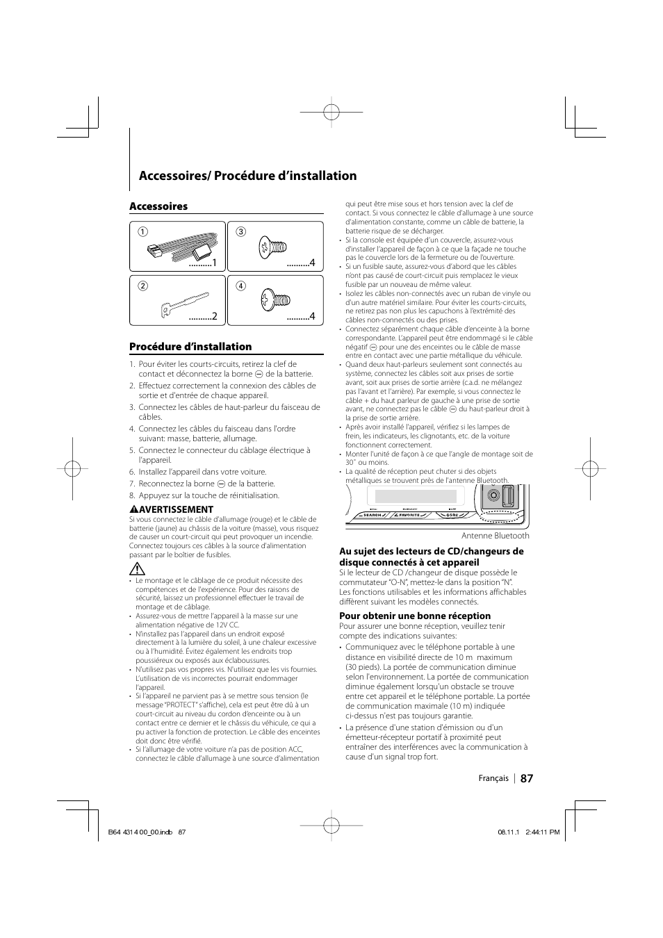 Accessoires/ procédure d’installation, Accessoires 1, 4 procédure d’installation | Kenwood KDC-BT742U User Manual | Page 87 / 140