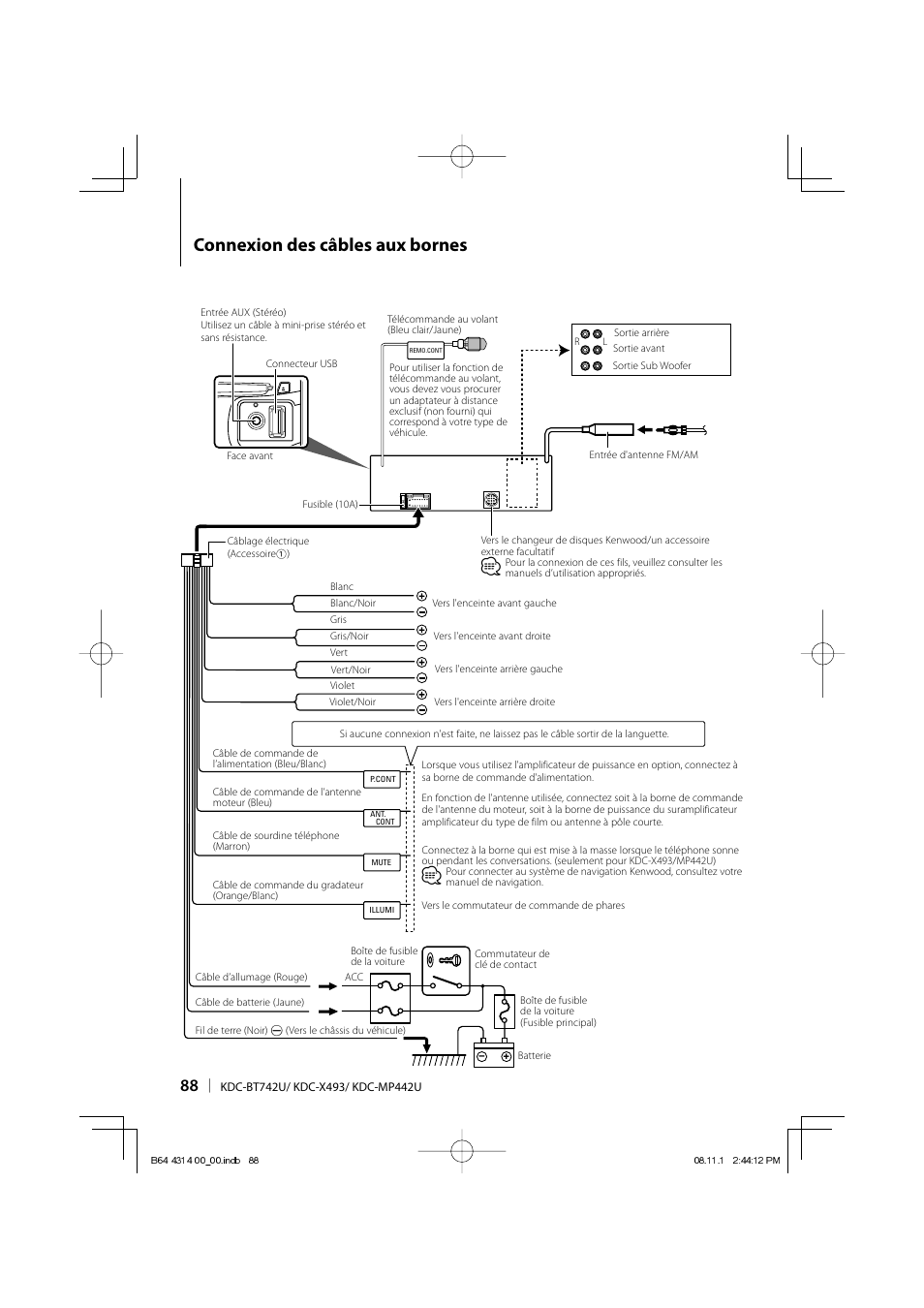 Connexion des câbles aux bornes | Kenwood KDC-BT742U User Manual | Page 88 / 140