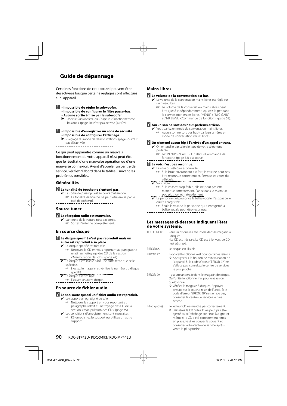 Guide de dépannage | Kenwood KDC-BT742U User Manual | Page 90 / 140