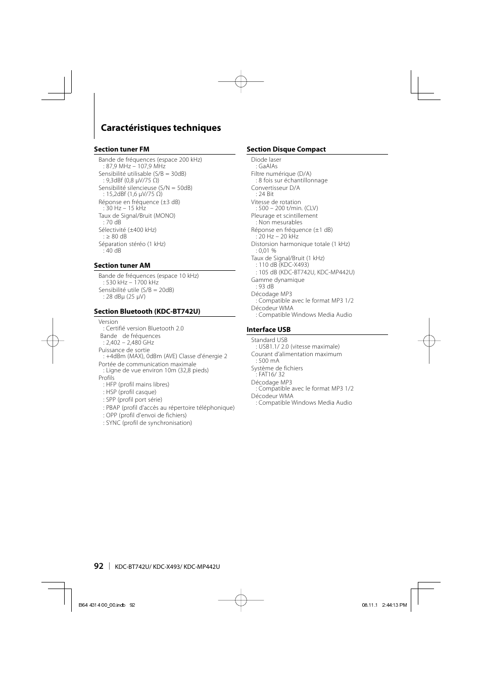 Caractéristiques techniques | Kenwood KDC-BT742U User Manual | Page 92 / 140