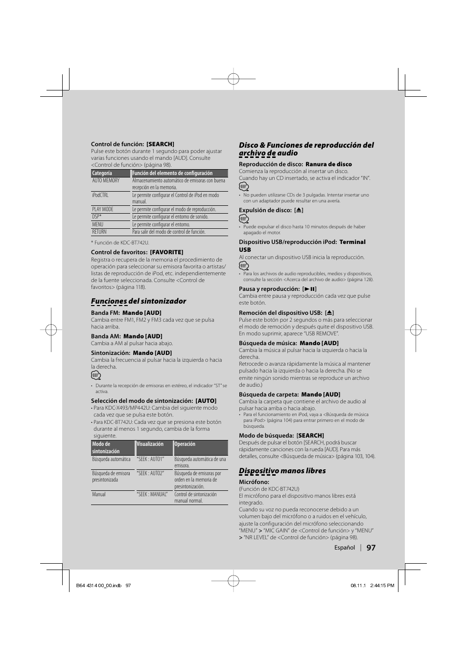 Funciones del sintonizador, Dispositivo manos libres | Kenwood KDC-BT742U User Manual | Page 97 / 140