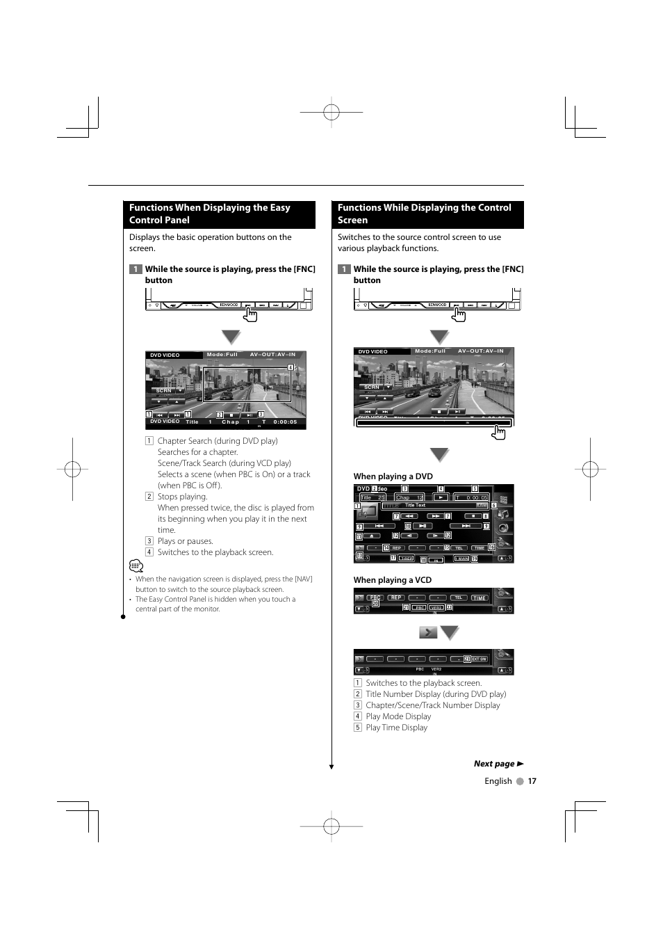 Functions when displaying the easy control panel, Functions while displaying the control screen, Next page 3 | English 17, When playing a dvd, When playing a vcd | Kenwood DNX7220 User Manual | Page 17 / 100