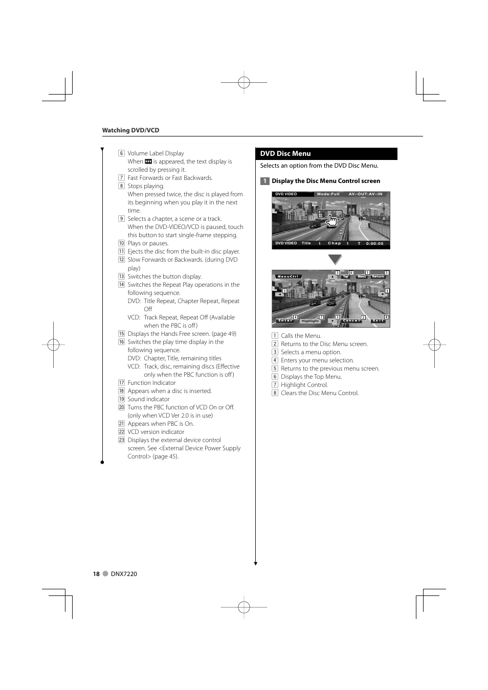 Dvd disc menu | Kenwood DNX7220 User Manual | Page 18 / 100