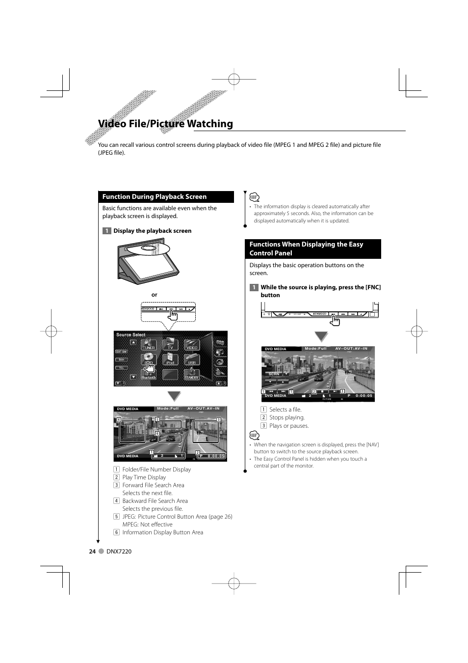 Video file/picture watching, Function during playback screen, Functions when displaying the easy control panel | Kenwood DNX7220 User Manual | Page 24 / 100