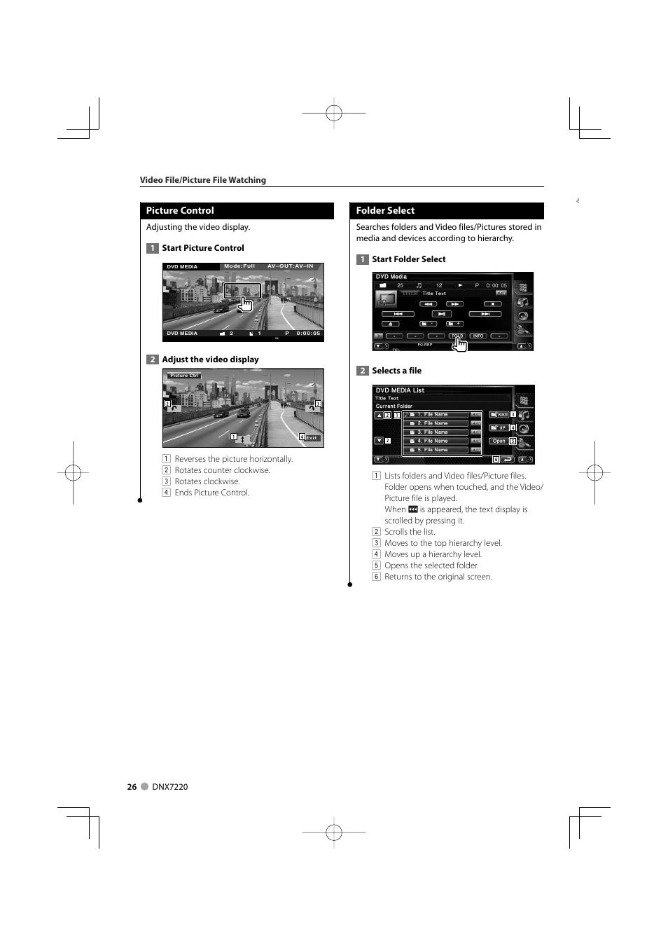 Picture control, Folder select | Kenwood DNX7220 User Manual | Page 26 / 100