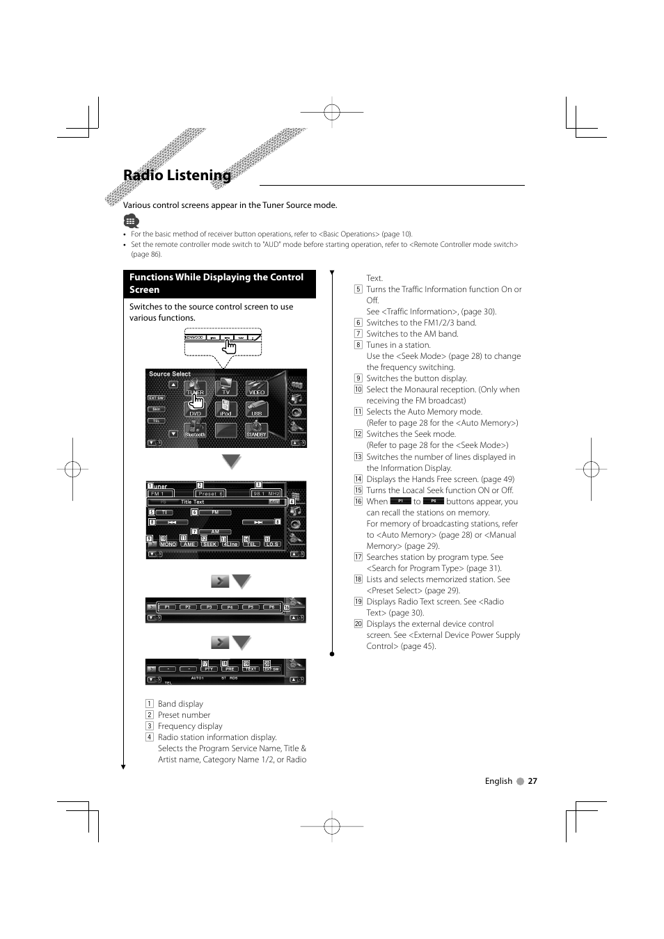 Radio listening, Functions while displaying the control screen | Kenwood DNX7220 User Manual | Page 27 / 100