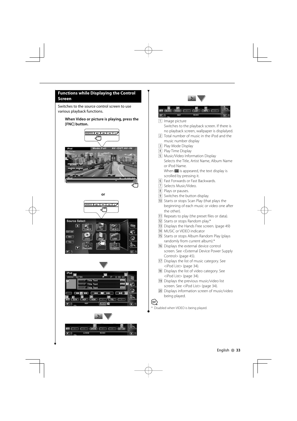 Functions while displaying the control screen | Kenwood DNX7220 User Manual | Page 33 / 100