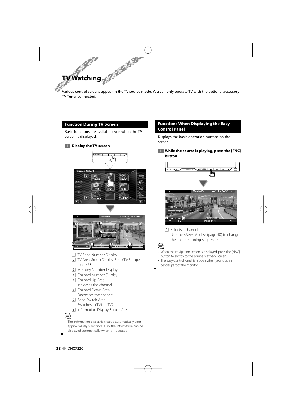 Tv watching, Function during tv screen, Functions when displaying the easy control panel | Kenwood DNX7220 User Manual | Page 38 / 100