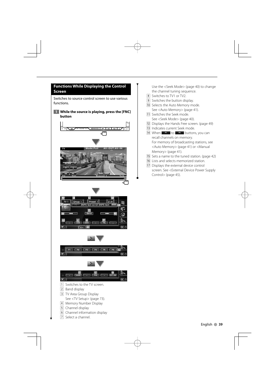 Functions while displaying the control screen | Kenwood DNX7220 User Manual | Page 39 / 100