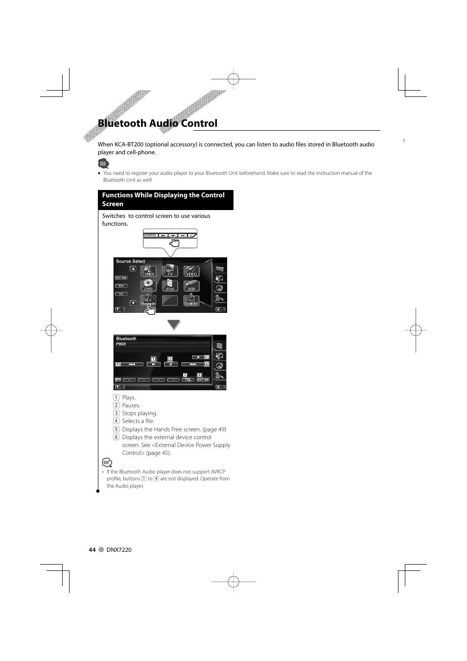 Bluetooth audio control | Kenwood DNX7220 User Manual | Page 44 / 100