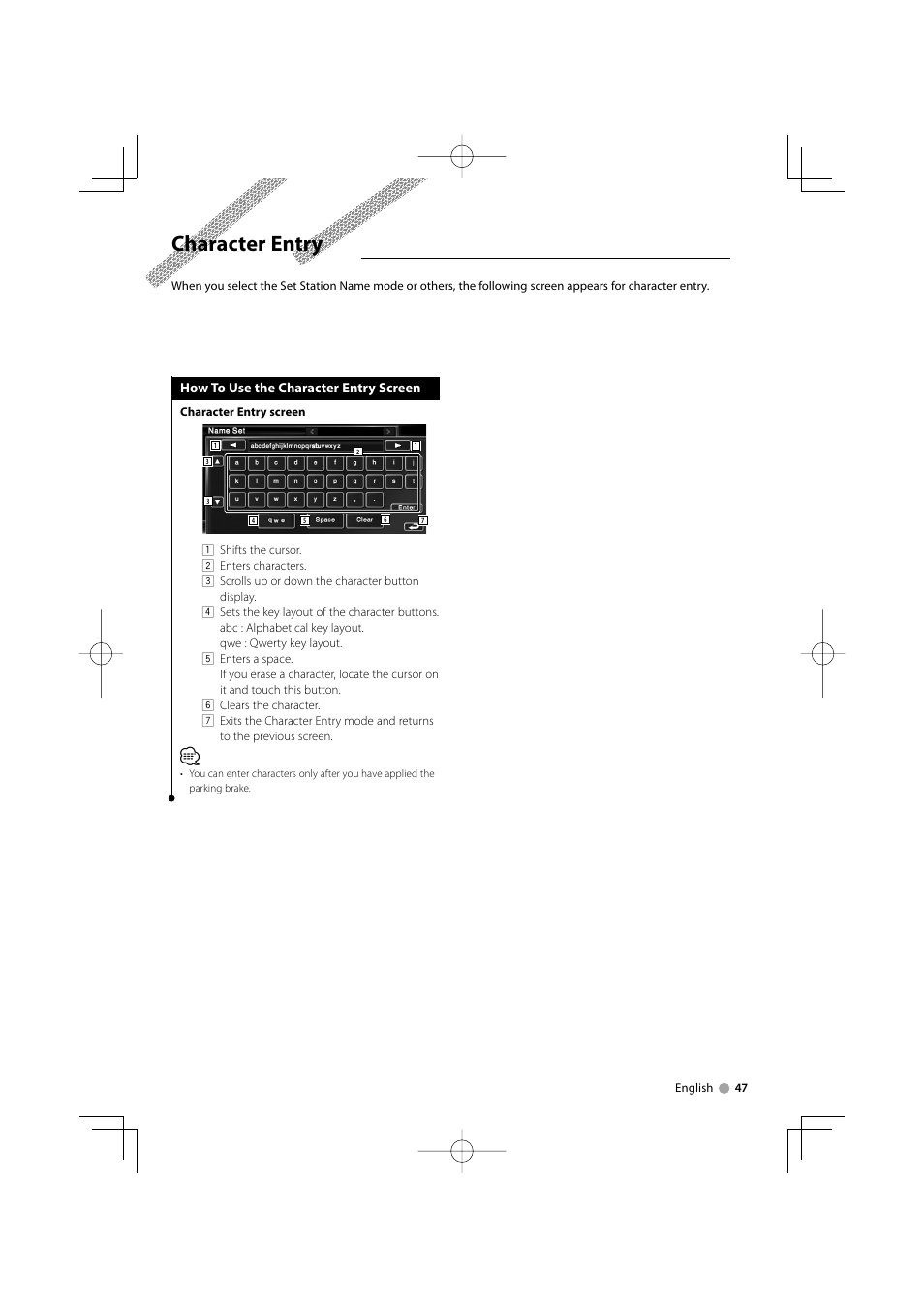 Character entry | Kenwood DNX7220 User Manual | Page 47 / 100