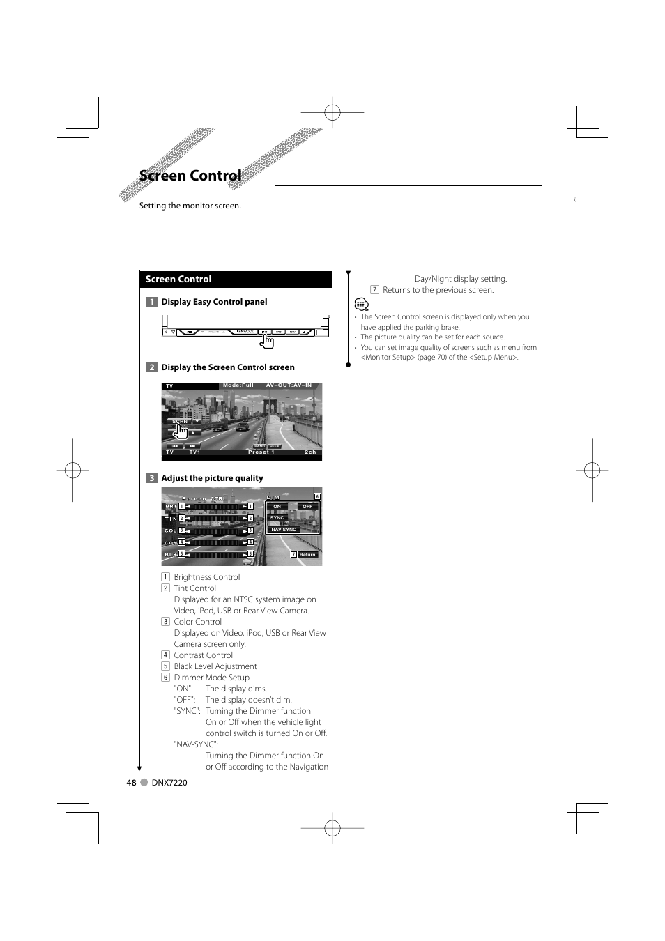 Screen control | Kenwood DNX7220 User Manual | Page 48 / 100