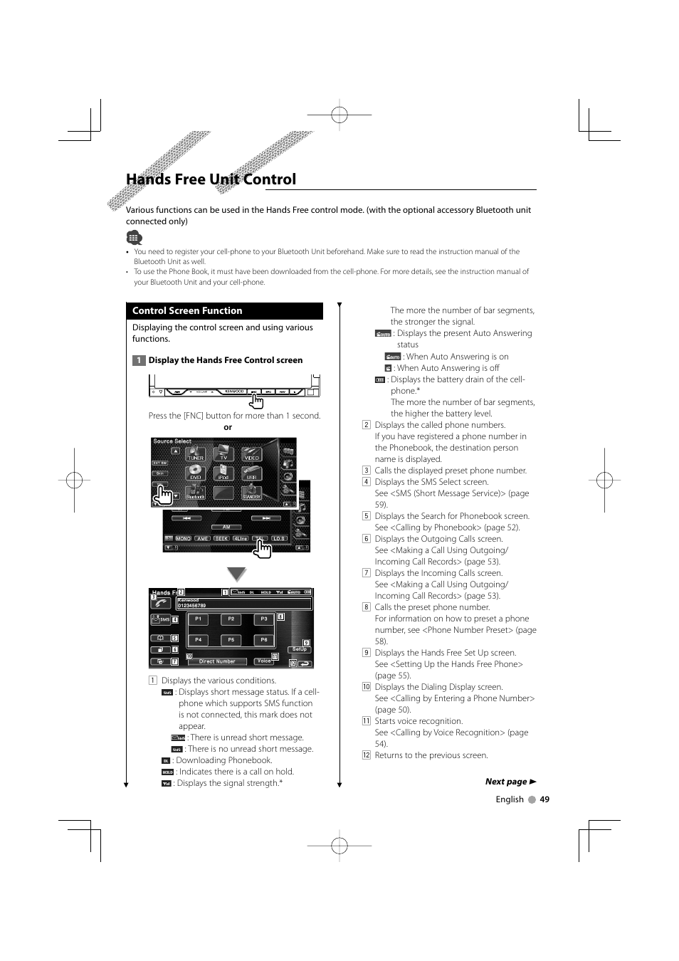 Hands free unit control | Kenwood DNX7220 User Manual | Page 49 / 100