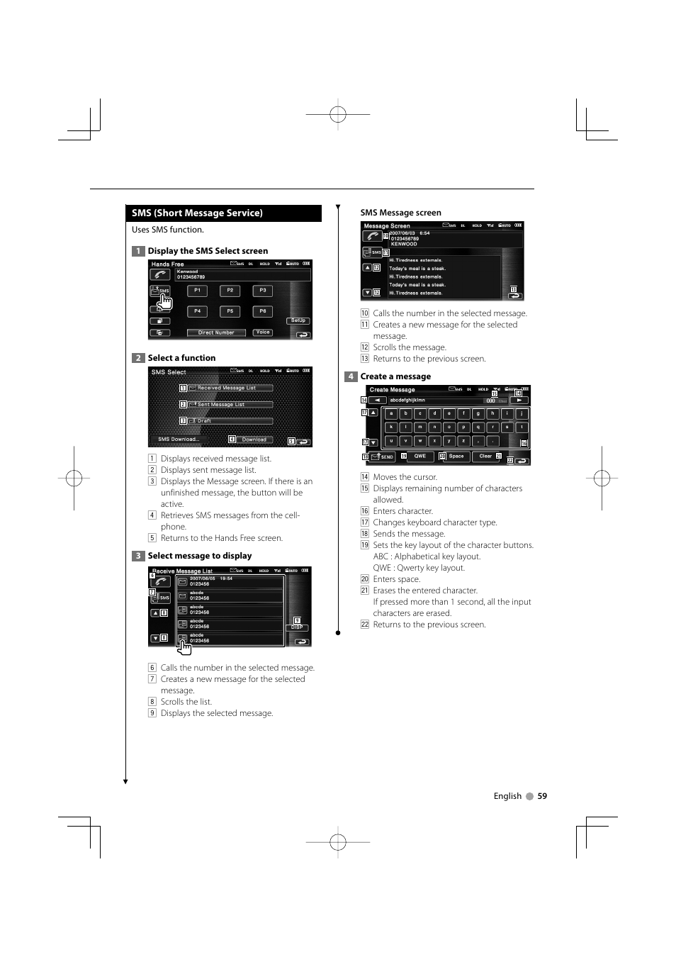 Sms (short message service) | Kenwood DNX7220 User Manual | Page 59 / 100