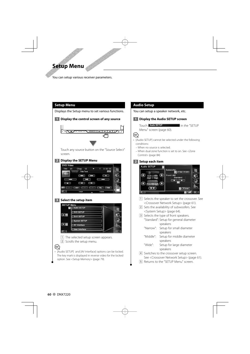 Setup menu | Kenwood DNX7220 User Manual | Page 60 / 100