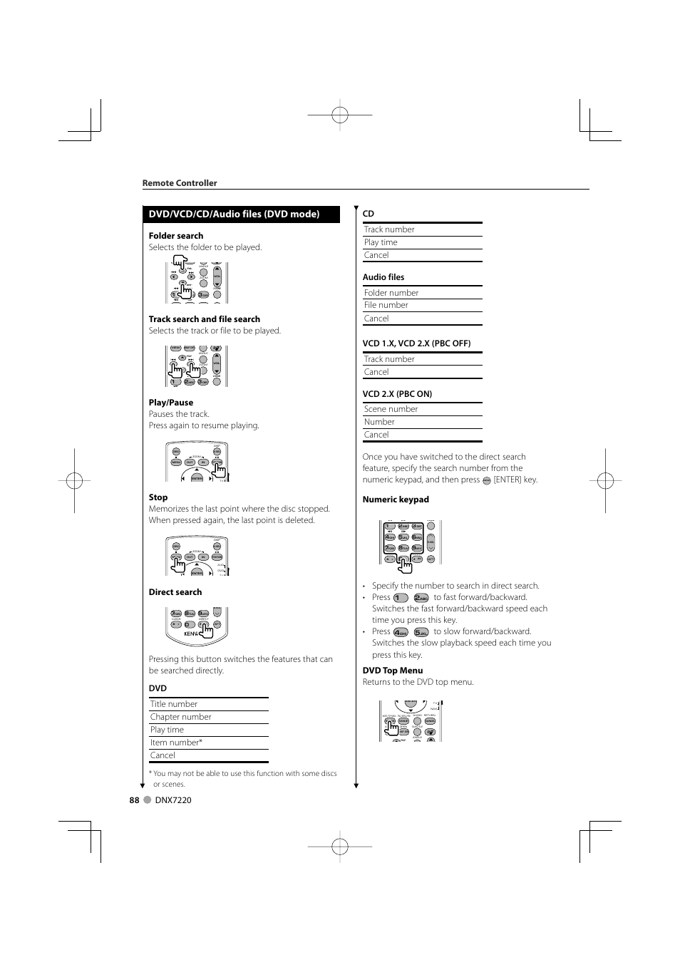 Dvd/vcd/cd/audio files (dvd mode), Enter] key. numeric keypad, Folder search selects the folder to be played | Direct search, Remote controller | Kenwood DNX7220 User Manual | Page 88 / 100