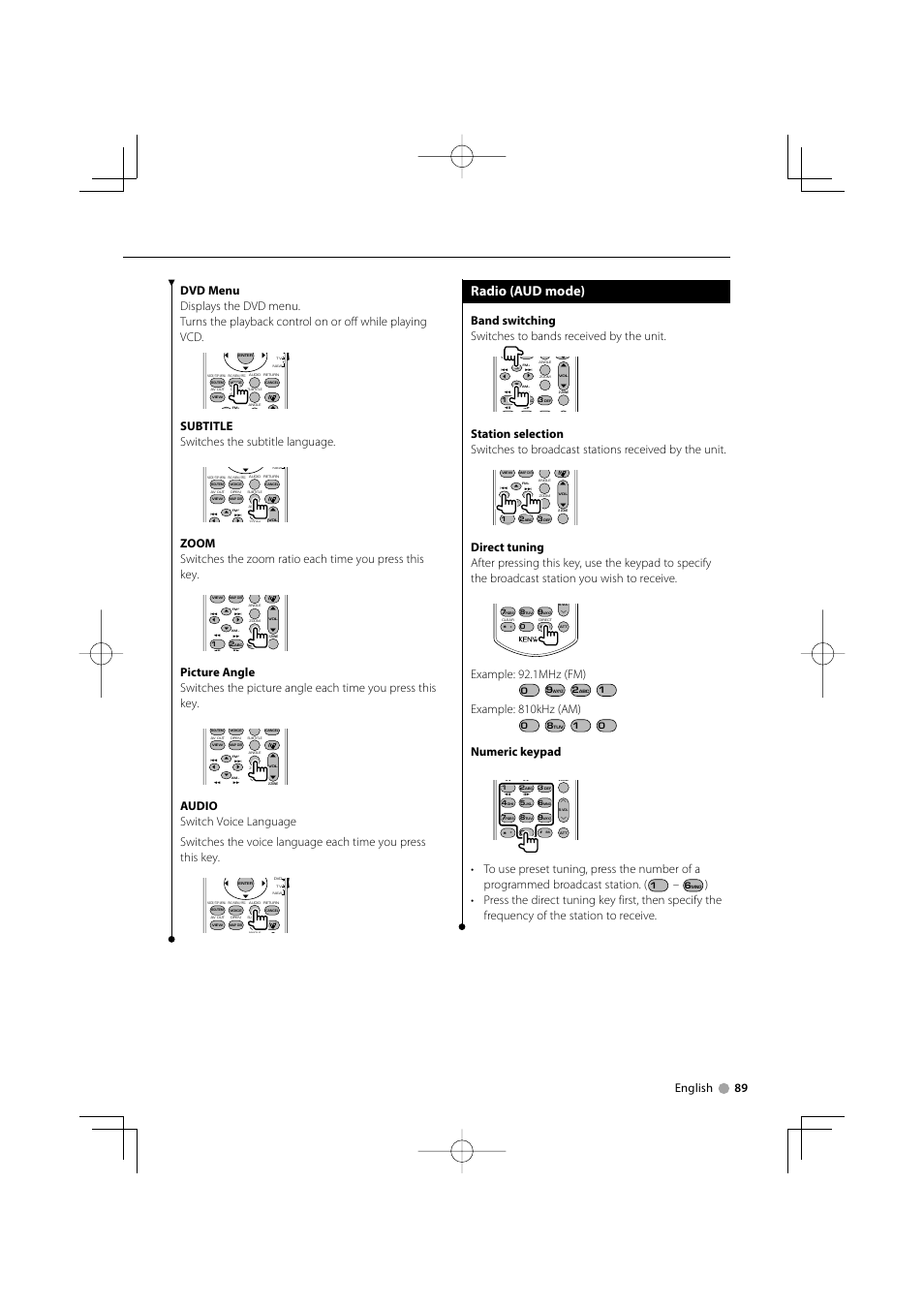 Radio (aud mode), Subtitle switches the subtitle language, Example: 92.1mhz (fm) | Example: 810khz (am), Numeric keypad | Kenwood DNX7220 User Manual | Page 89 / 100