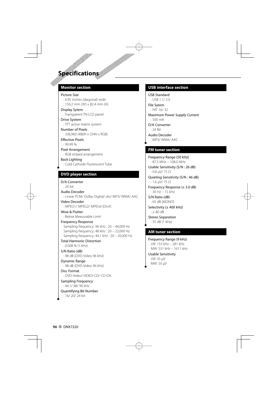 Specifications | Kenwood DNX7220 User Manual | Page 96 / 100