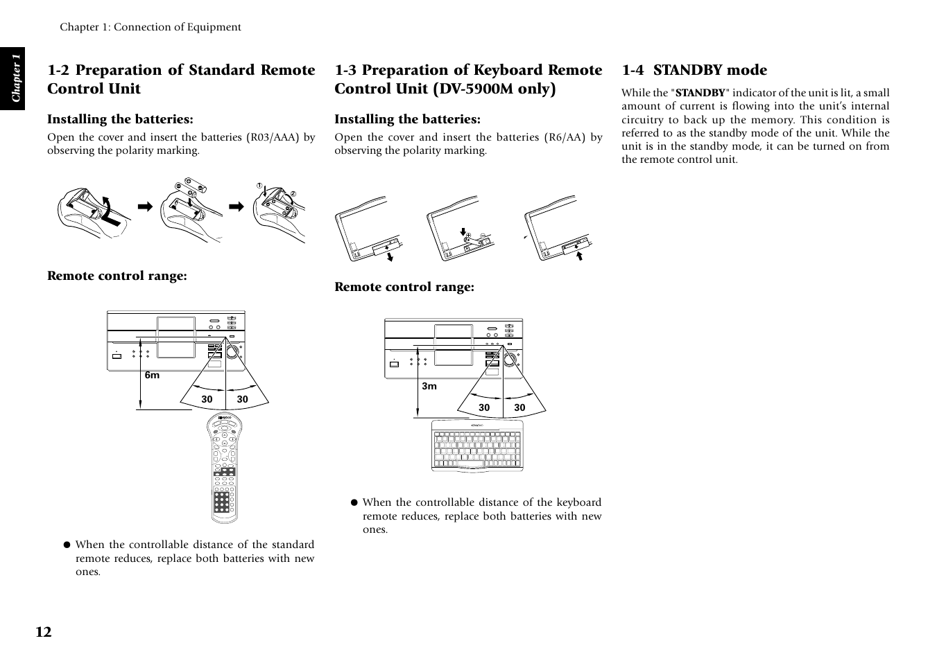 2 preparation of standard remote control unit, 3 preparation of keyboard remote control unit, 4 standby mode | Kenwood DV-5900M User Manual | Page 12 / 96