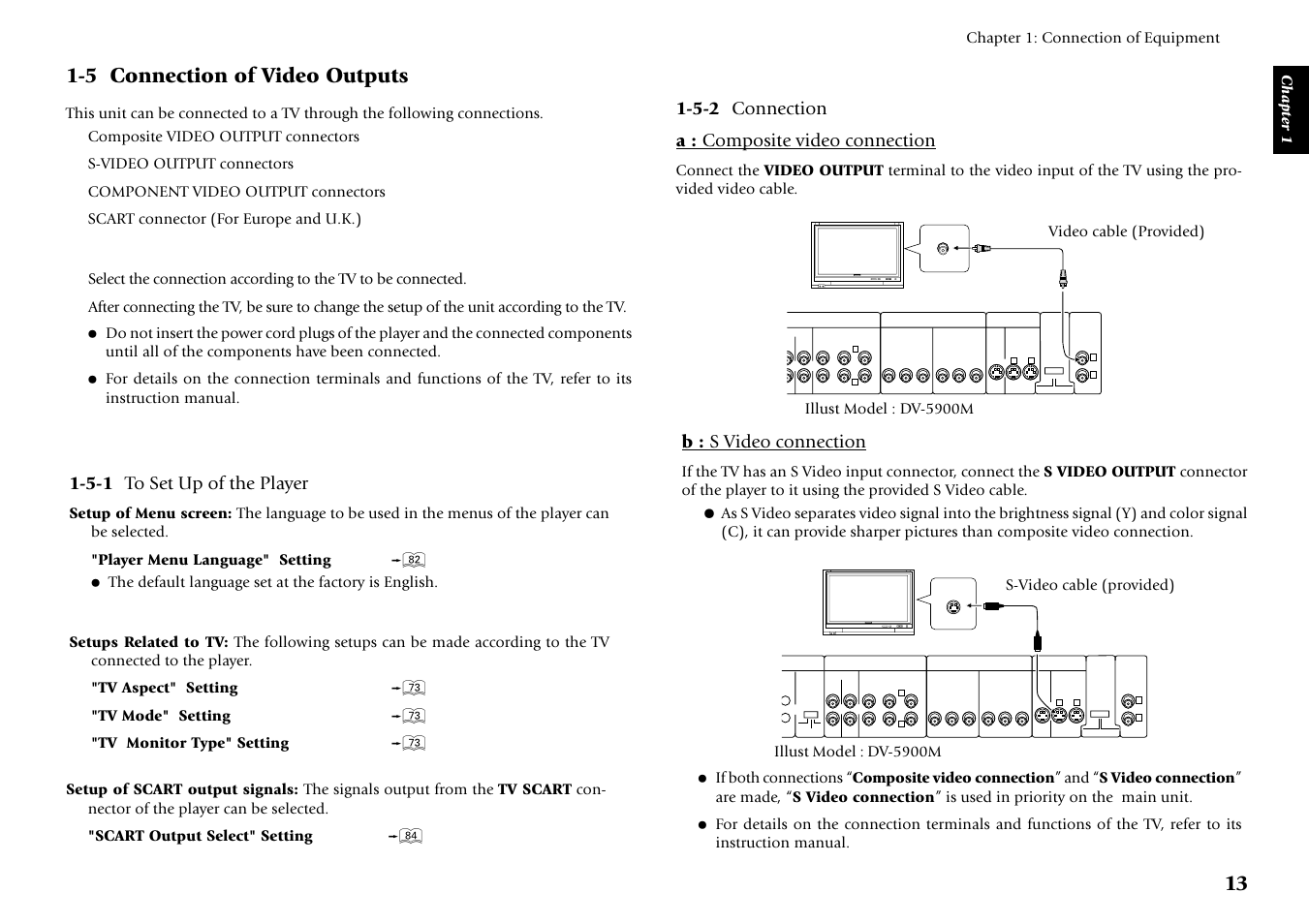 5 connection of video outputs, A : composite video connection, B : s video connection | Video cable (provided) illust model : dv-5900m | Kenwood DV-5900M User Manual | Page 13 / 96