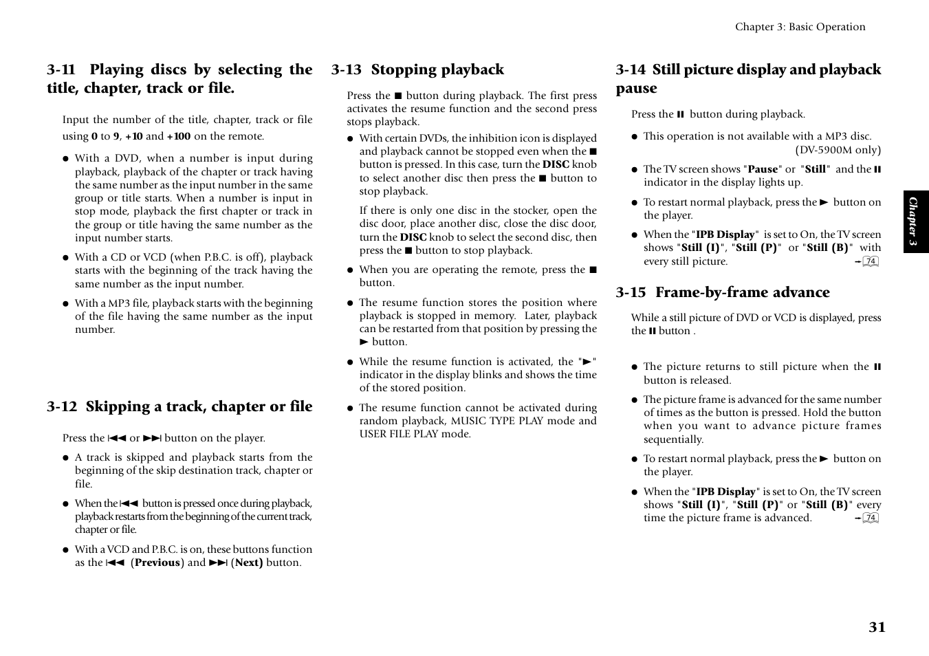 12 skipping a track, chapter or file, 13 stopping playback, 14 still picture display and playback pause | 15 frame-by-frame advance | Kenwood DV-5900M User Manual | Page 31 / 96