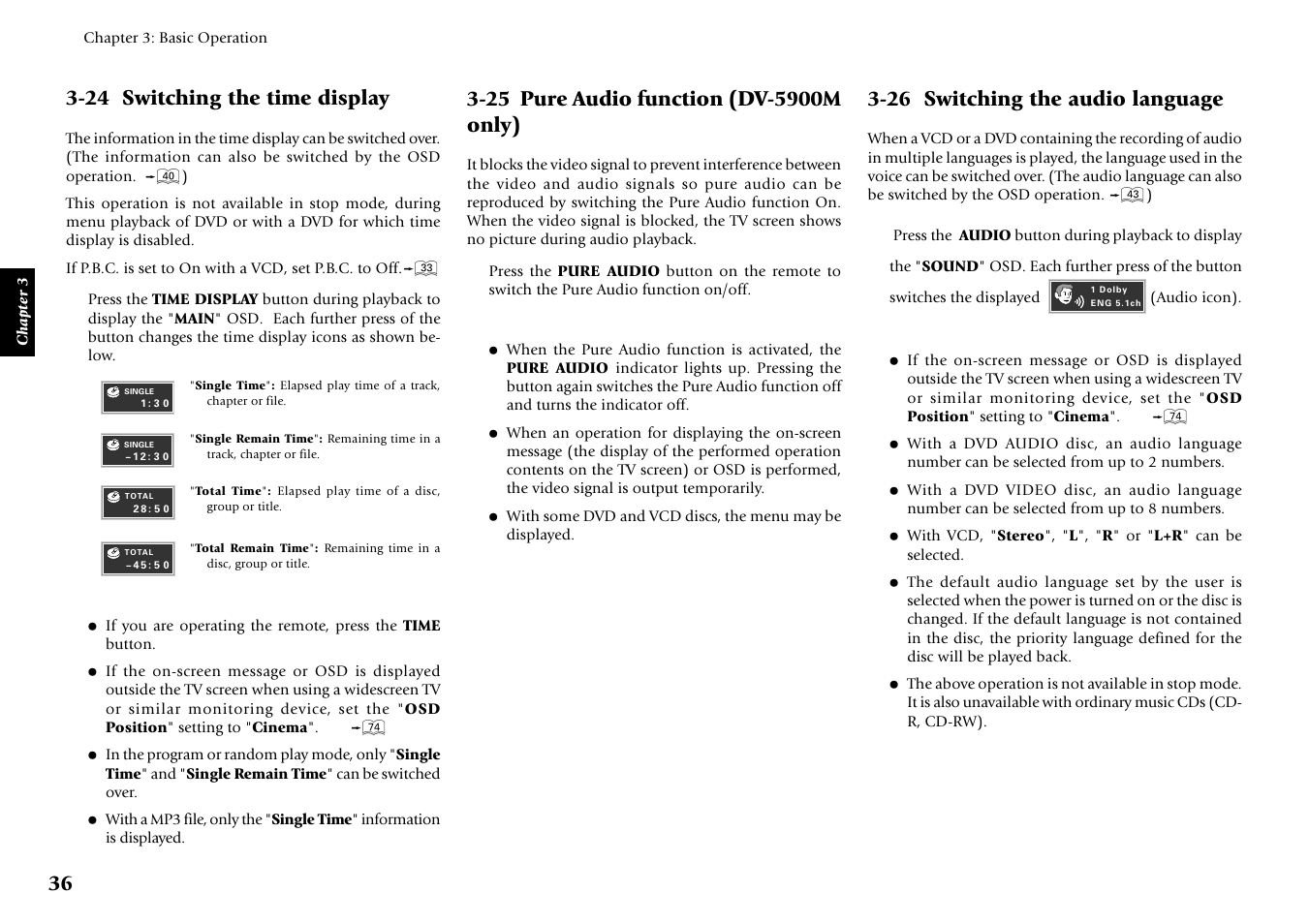 24 switching the time display, 25 pure audio function(dv-5900m only), 26 switching the audio language | Kenwood DV-5900M User Manual | Page 36 / 96