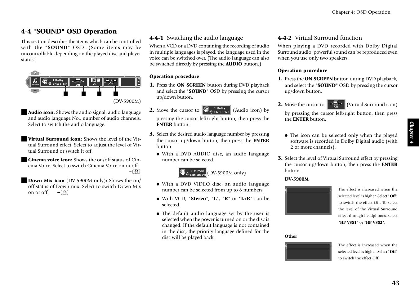 4 "sound" osd operation, 4-1 switching the audio language, 4-2 virtual surround function | Kenwood DV-5900M User Manual | Page 43 / 96