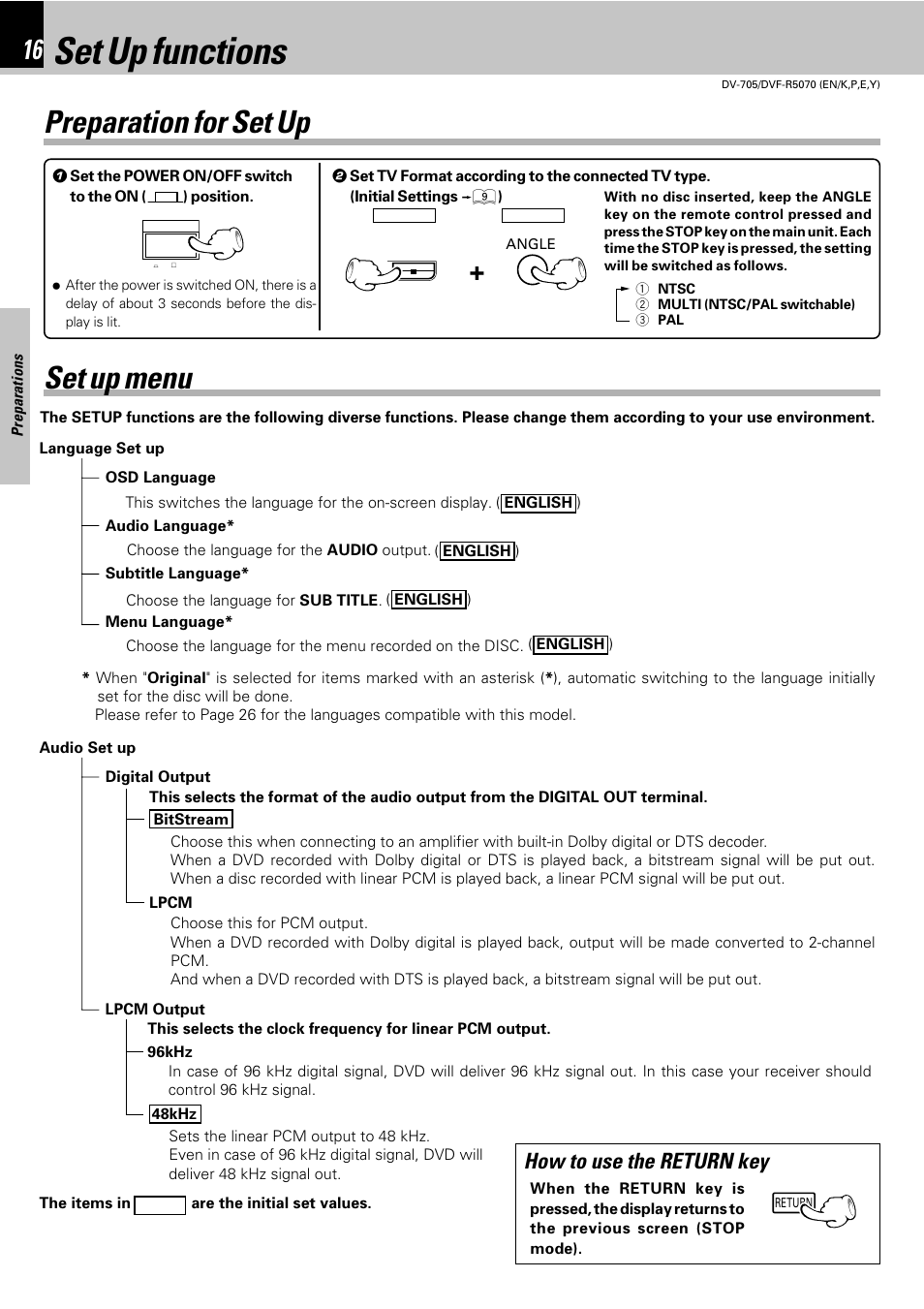 Set up functions, Preparation for set up, Set up menu | How to use the return key | Kenwood DVF-R5070 User Manual | Page 16 / 48