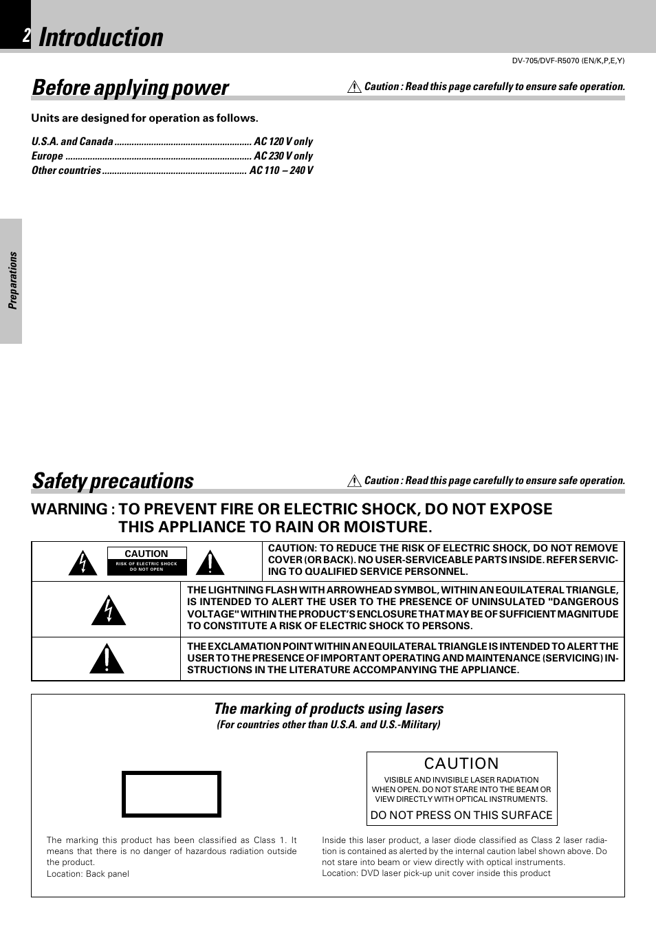 Preparations, Introduction, Before applying power | Safety precautions, The marking of products using lasers, Caution | Kenwood DVF-R5070 User Manual | Page 2 / 48