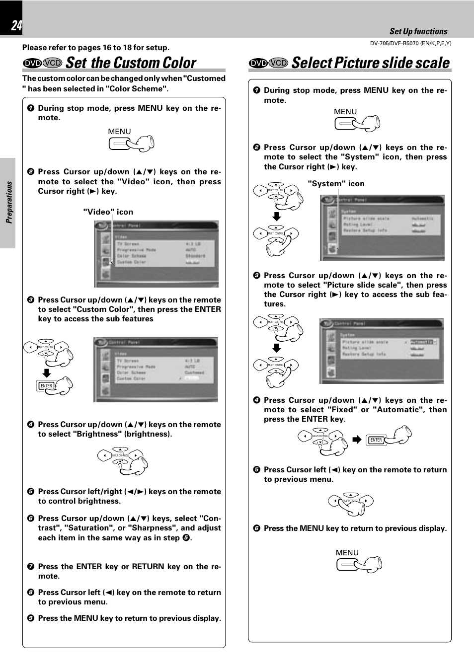 Set the custom color, Select picture slide scale | Kenwood DVF-R5070 User Manual | Page 24 / 48