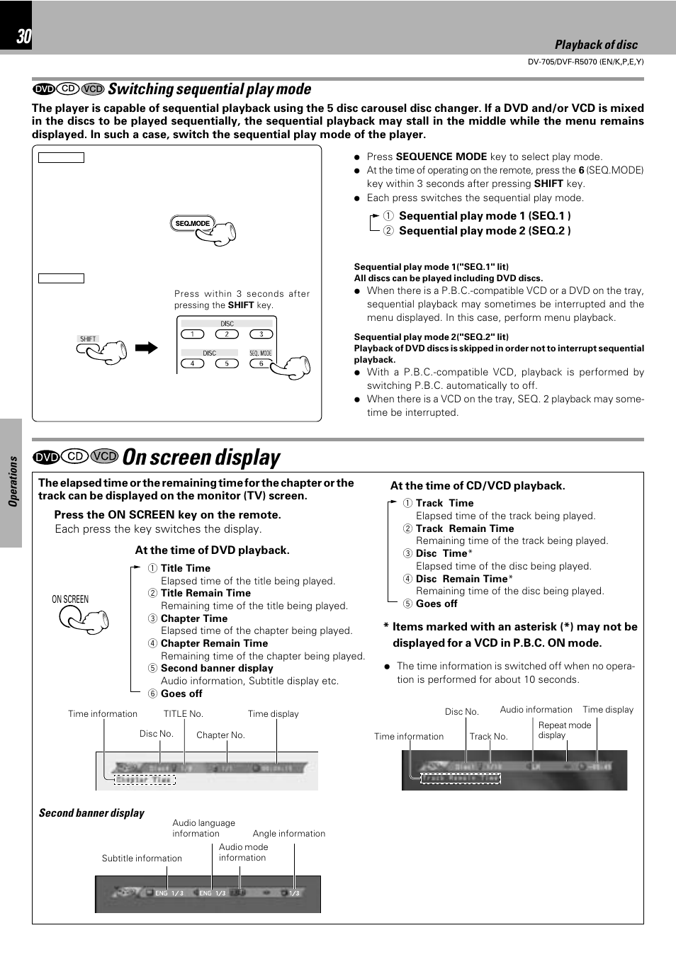 On screen display, Switching sequential play mode, Using the on-screen banner display | Playback of disc | Kenwood DVF-R5070 User Manual | Page 30 / 48