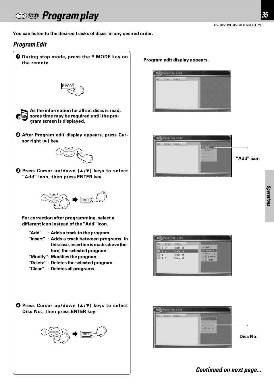 Program play, Program edit, Continued on next page | Kenwood DVF-R5070 User Manual | Page 35 / 48