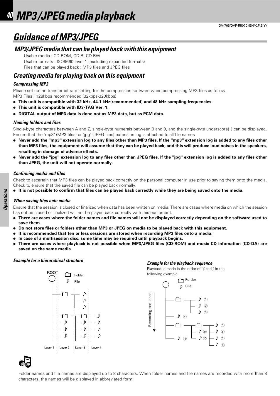 Mp3 /jpeg media playback, Guidance of mp3/jpeg, Creating media for playing back on this equipment | Kenwood DVF-R5070 User Manual | Page 40 / 48