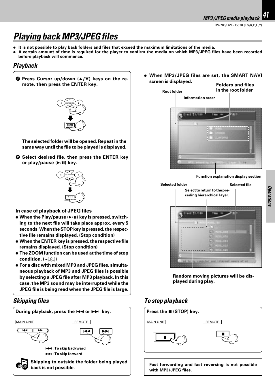 Playing back mp3/jpeg files, Playback, Skipping files | Kenwood DVF-R5070 User Manual | Page 41 / 48